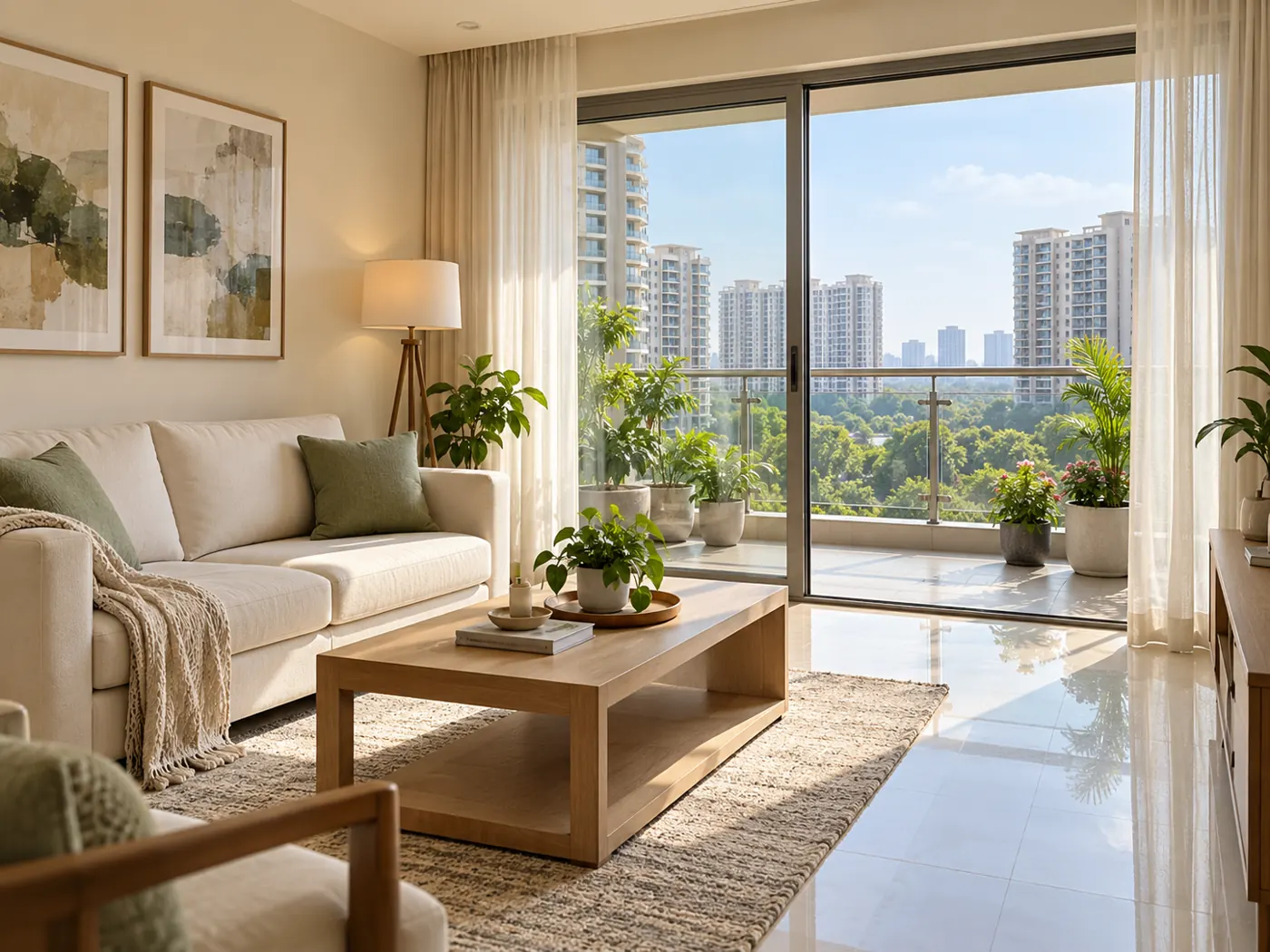 A sunlit living room opening onto a balcony
